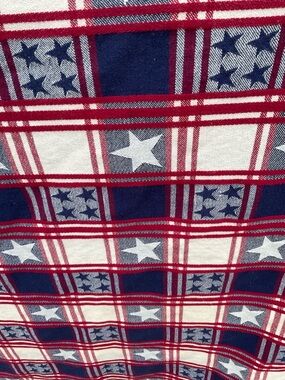 The Pampered Chef Red, White & Navy Star Plaid Cotton Tablecloth fourth July USA